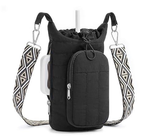WOOMADA Water Bottle Holder Bag with Strap, 40/32 oz Crossbody Bag Gym Accessories, Sling Purses for Women(Black)
