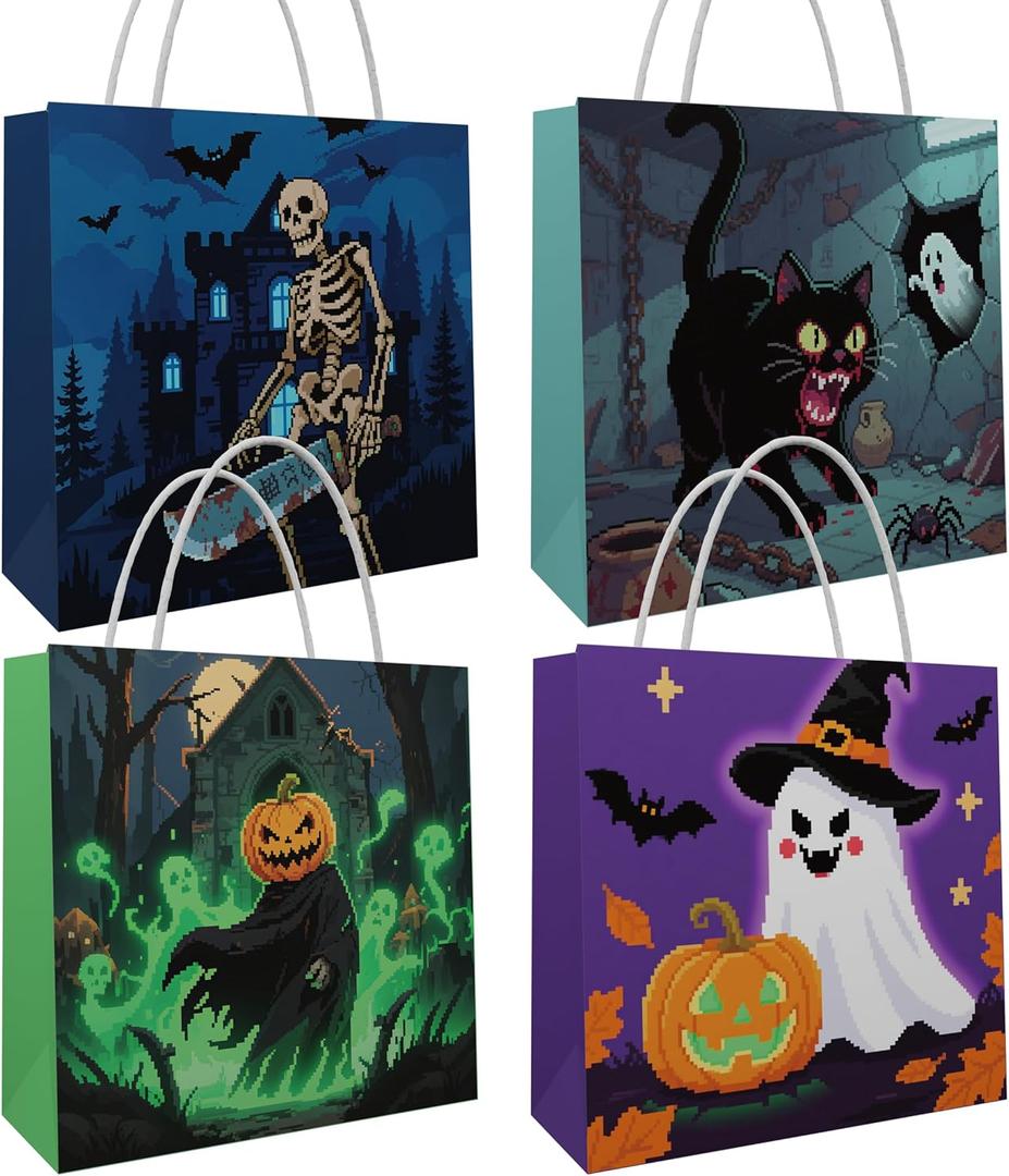 Giphtkom 16 PCS Halloween Paper Gift Bags with Handles, Trick or Treat Bags in 4 Designs, Candy Goodie Snack Bags for Halloween Party Favor Supplies Decoration (Pixel Style)