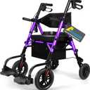 Foldable Rollator Walker for Seniors with Seat, Lightweight 2 in 1 Rolling Walkers Wheelchair Combo for Adult, Transport Chair with Brakes, Adjustable Seat and Handle, 300 Lb. Weight Capacity, Purple