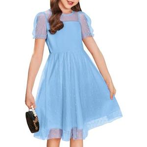 Arshiner Girls Dress Contrast Mesh Puffy Short Sleeve A Line Casual Party Dress, Size 8