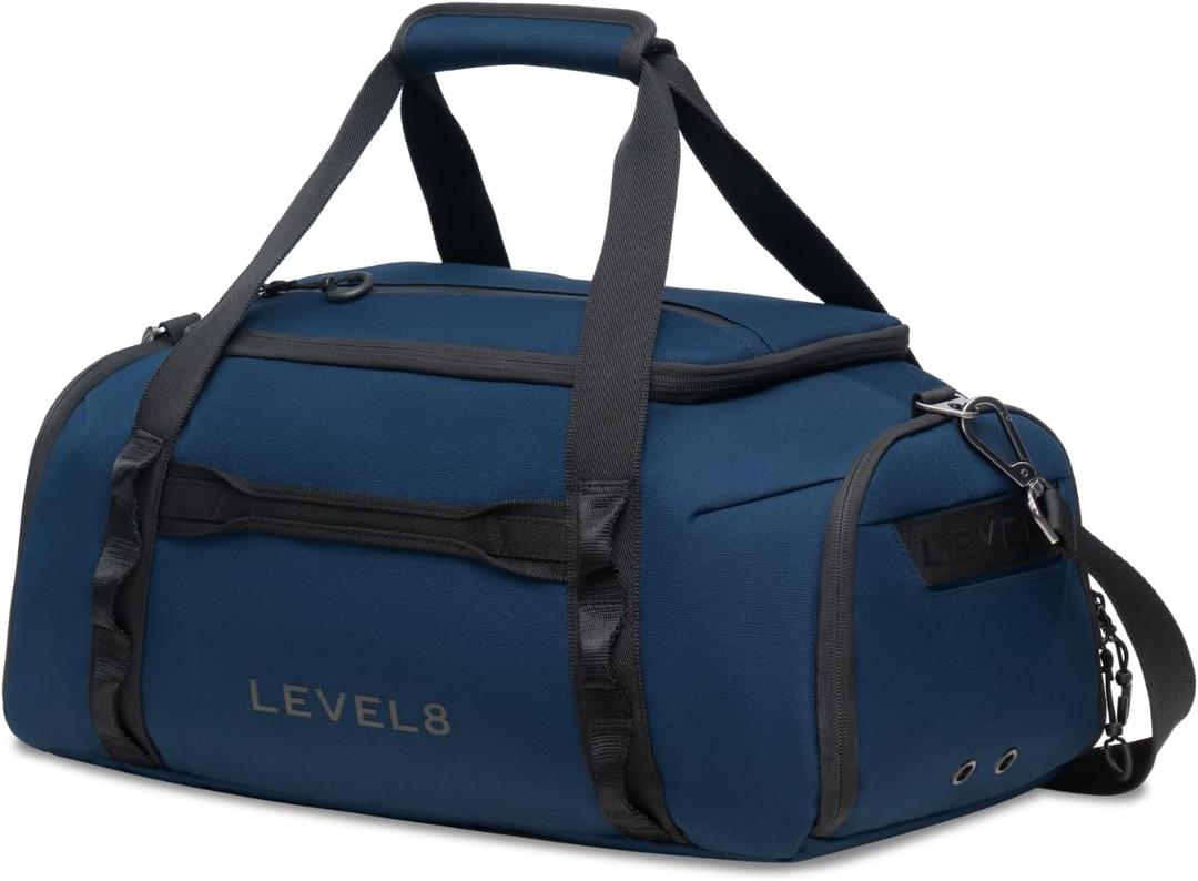 LEVEL8 Travel Duffle Bag Carry on Airline Approved, Water Resistant Sport Duffle, Weekender Bag for Men and Women, Blue, 30L, 19.8 X 9.9 X 9.7 Inches
