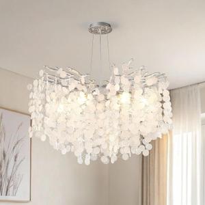 24-Inch Modern Coastal Chandelier, 8-Light Capiz Shell Chandelier for Dining Room, Silver Crystal Light Fixtures for Bedroom Living Room Foyer Kitchen Island Entryway Stairwell, E12