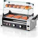 VEVOR Hot Dog Roller, 12 Hot Dog 5 Rollers, Stainless Steel Sausage Grill Cooker, 750W Commercial Hot Dog Machine with Dual Temp Control, Cover, Side Storage Box, Removable Shelf & Oil Drip Tray