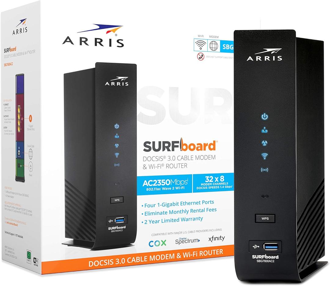 ARRIS (SBG7600AC2) - Cable Modem Router Combo - DOCSIS 3.0 & AC2350 WiFi, for Comcast Xfinity, Cox, check with ISP for compatibility [Not for Spectrum] Four 1 Gbps Ports , 800 Mbps Max Internet Speeds
