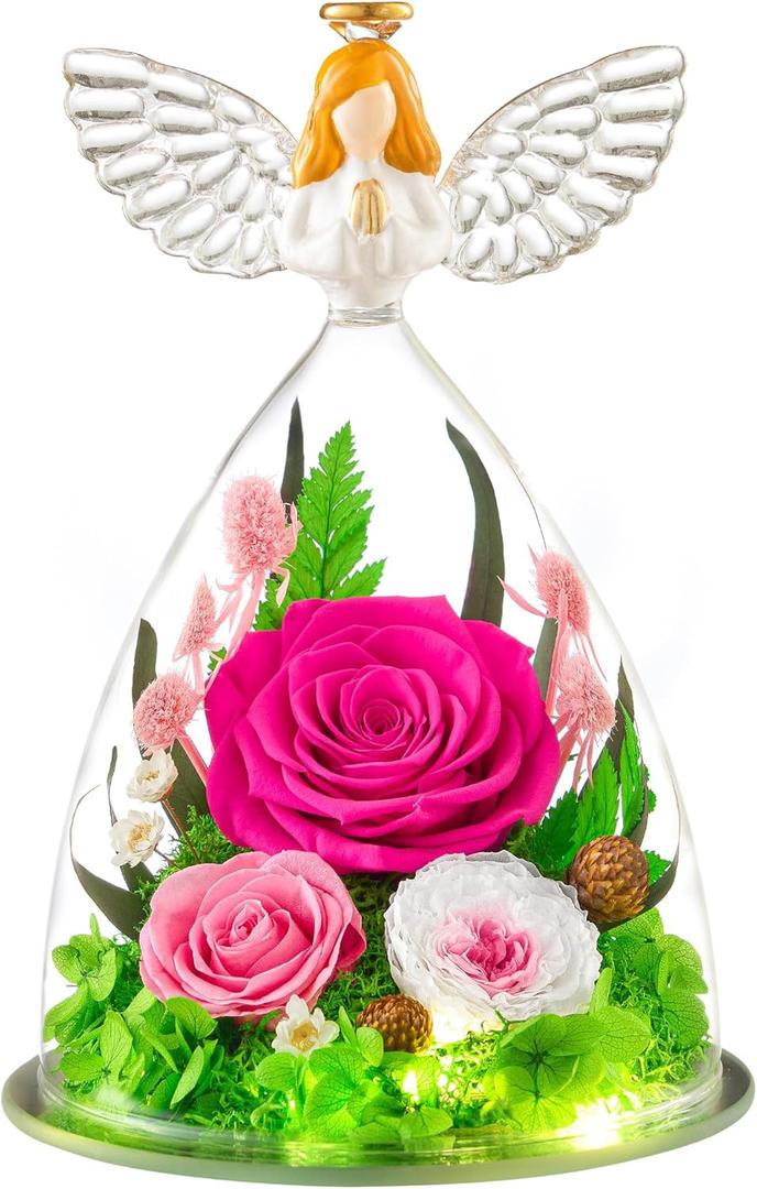 Flomoon Gifts for Women Preserved Roses for Valentines Day in Glass Angel Figurine Real Colorful Roses Forever Flowers Birthday Gifts for Her Grandma Sister Daughter Wife, Hot Pink (Large)