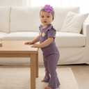 Vibebox Baby Girl Clothes Newborn Preemie Summer Outfits Short Sleeve Ruffle Romper Tops Bell Bottoms Pant Sets with Headband (Purple, 6-12M)
