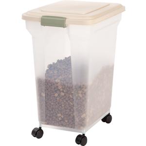 IRIS USA Airtight Dog Food Storage Container, WeatherPro, Up to 40 lbs, Removable Wheels, for Dog Cat Bird and Other Pet Food Storage Bin, Keep Fresh, Translucent Body, Made in USA, Clear/Almond (45 Lbs - 55 Qt)
