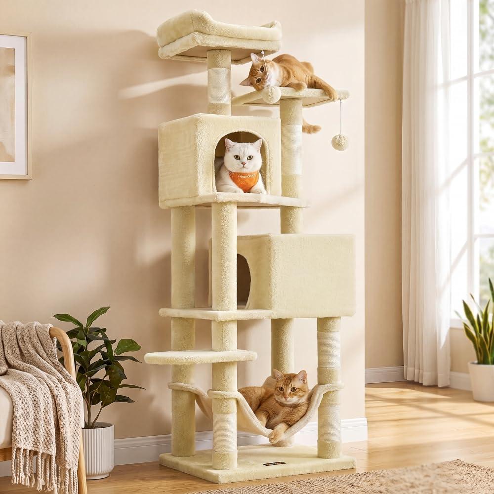 Feandrea Cat Tree, 59.5-Inch Tall Cat Tower, Multi-Level Condo, Beige