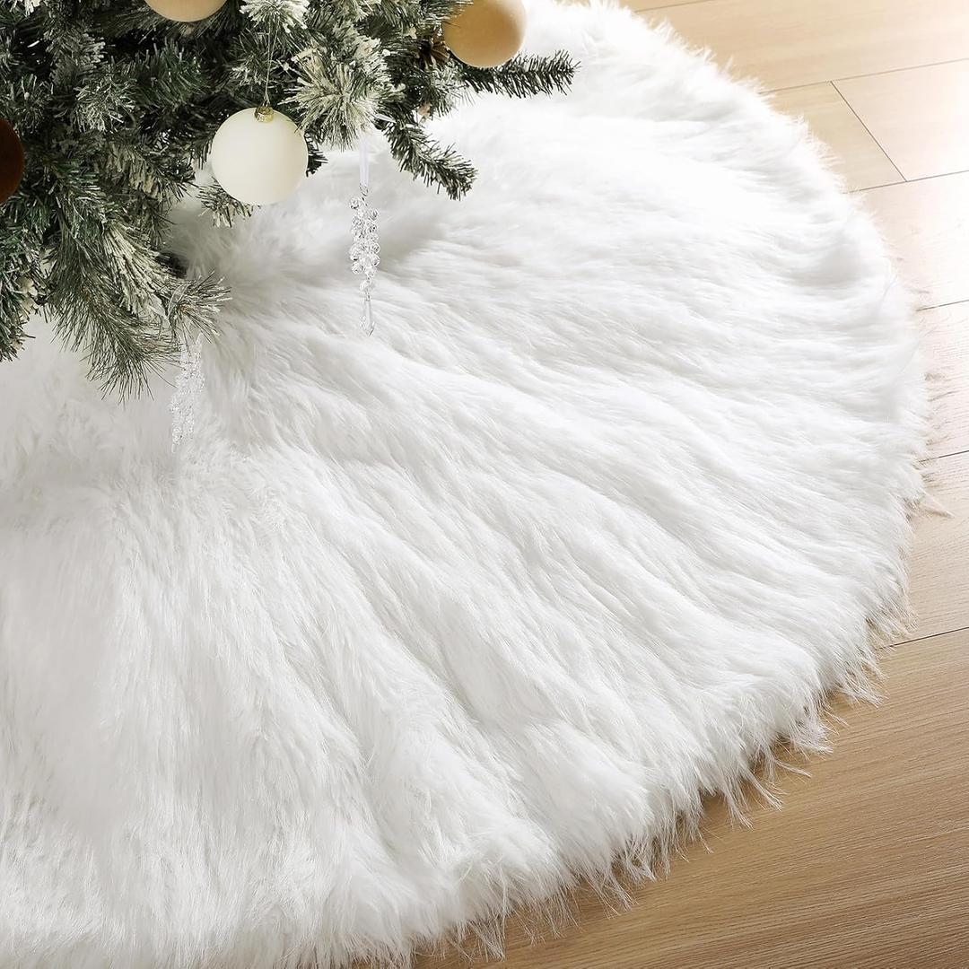 72 Inch Extra Large Faux Fur Christmas Tree Skirt, White Long Fur Fluffy Tree Skirt Plush Luxury Soft for Home Xmas Party Holiday Indoor Decor