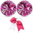 Hanaive Cheerleading Pom Poms and Large Cheerleader Hair Bow 12 Inch Large Metallic Cheer Cheerleader Pom Poms for Sports Team Spirit Cheering(Rose Red and Silver Mixed, Glitter)