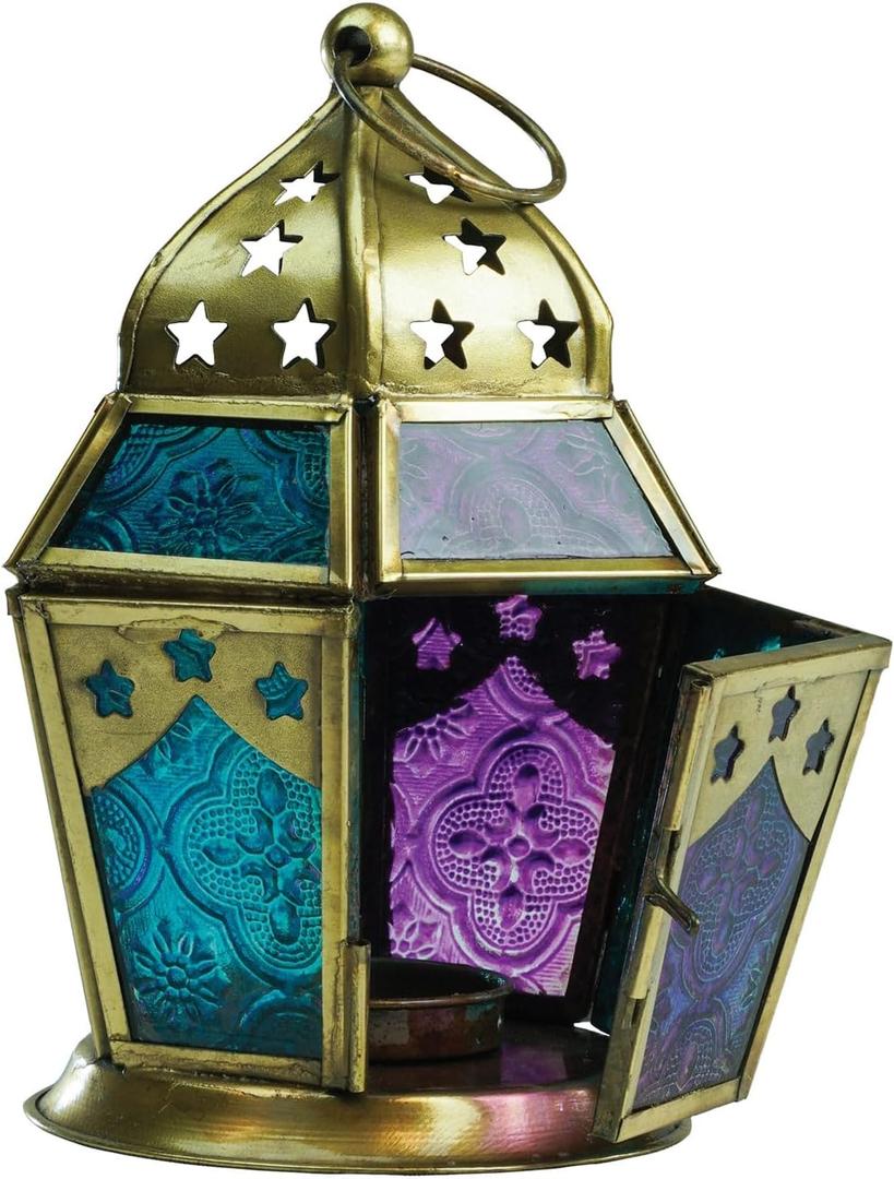 In the Breeze 9210 Teal & Purple Hex Tealight Lantern  Moroccan-Style Boho Chic Tealight Glass and Metal Tabletop Lantern