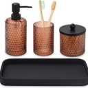 Bathroom Accessories Set,4 Pcs Amber Glass Bathroom Accessories Sets-Lotion Soap Dispenser,Toothbrush Holder,Qtip Holder Dispenser & Resin Vanity Tray,Countertop Vanity Organizer,Amber