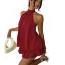 FOTKLAX Women's Mini Backless Halter Flowy Summer Dress Ruffle Sleeveless Short Sundess A Line Cute Dresses for Womens Red, XS