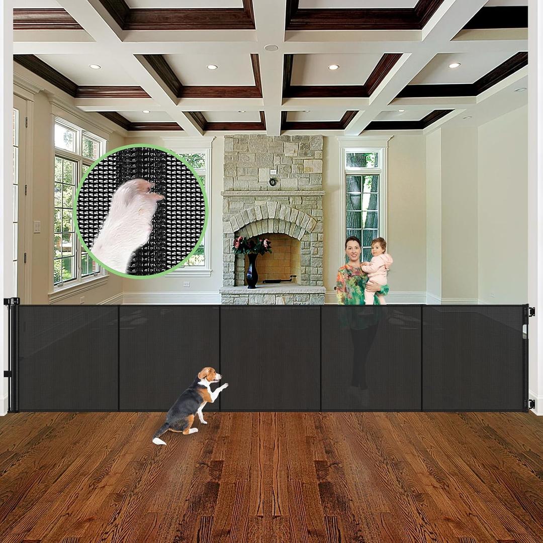 Reinforced 155" Extra Wide Baby Gate Retractable Dog Gate with Support Rods  Prevent Crawling Under, 13ft Retractable Baby Gates Long Gates for Kids or Pets Retractable Gate, Black