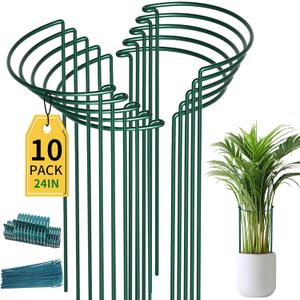TCBWFY 10 Pack Plant Support Stakes - 10" Wide x 24" High Heavy Duty Metal Peony Cages and Supports for Outdoor and Indoor Plants (Dark Green)
