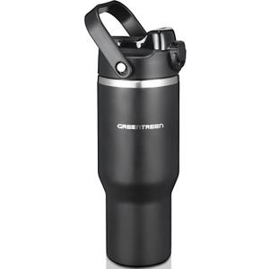 32oz Thermos Water Bottles with Straw: Insulated Tumbler with Leak-Proof Lid 24H Cold/12H Hot - for Driving Outdoor Travel Camping (Black)