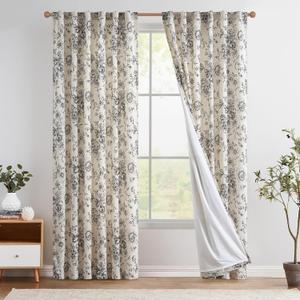 jinchan Floral Lined Curtains Linen Blend Curtain for Living Room 84 Inches Long Farmhouse Printed Back Tab Drapes French Country Black Peony Patterned Bedroom Window Curtains Set 2 Panels