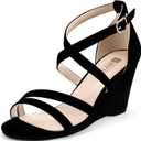 IDIFU Women's 3 Inch Strappy Wedge Sandals Open Toe Dressy Wedges For Women Black Nude Silver White Bridal Wedge Heels On Wedding Evening Summer, Black, Size 10