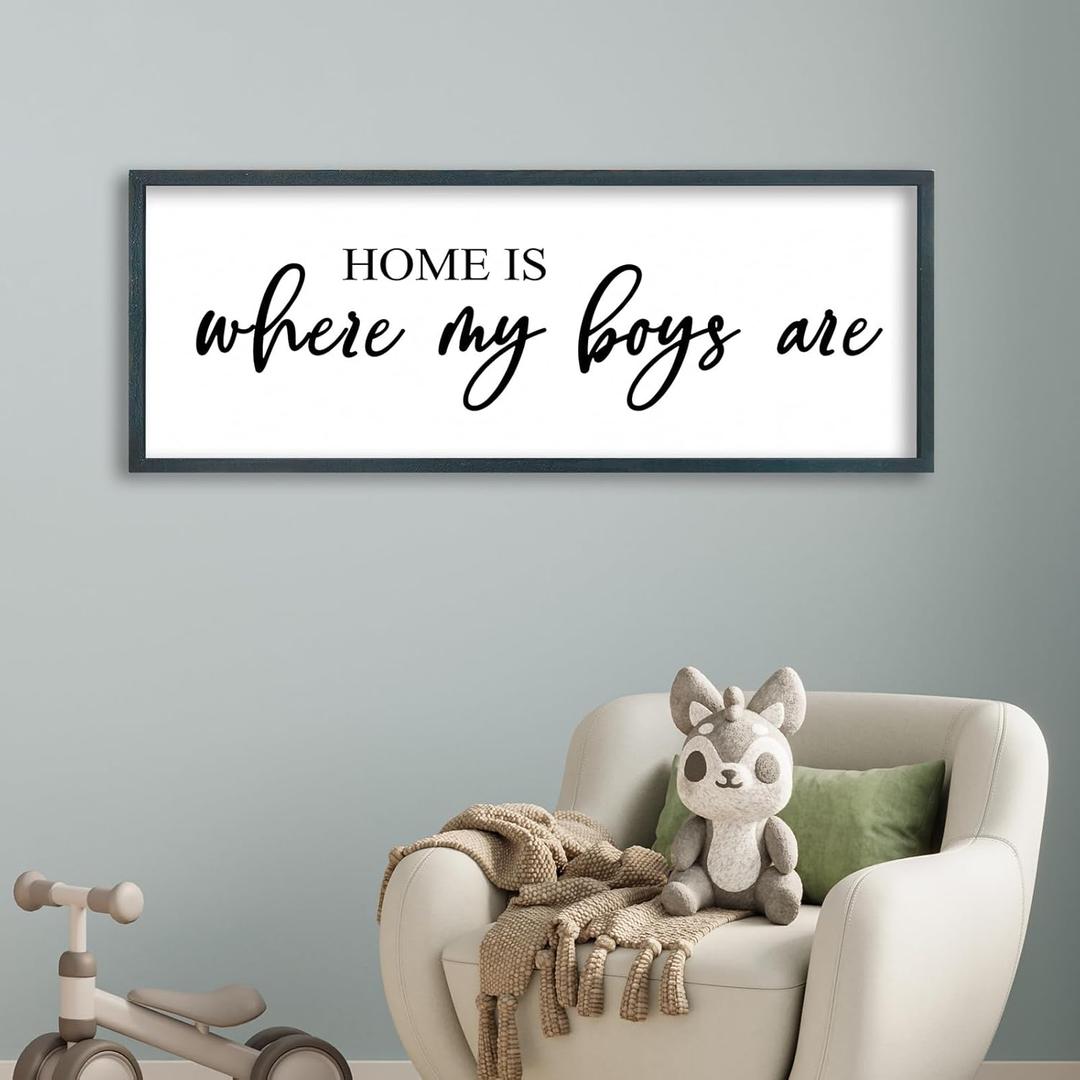 FZMHASLWW Home Is Where My Boys Are Wall Art for Mom 32"x12" Rustic Wood Framed Sign Farmhouse Family Quote Decor for Boys Room, Nursery & Living Room (Black)