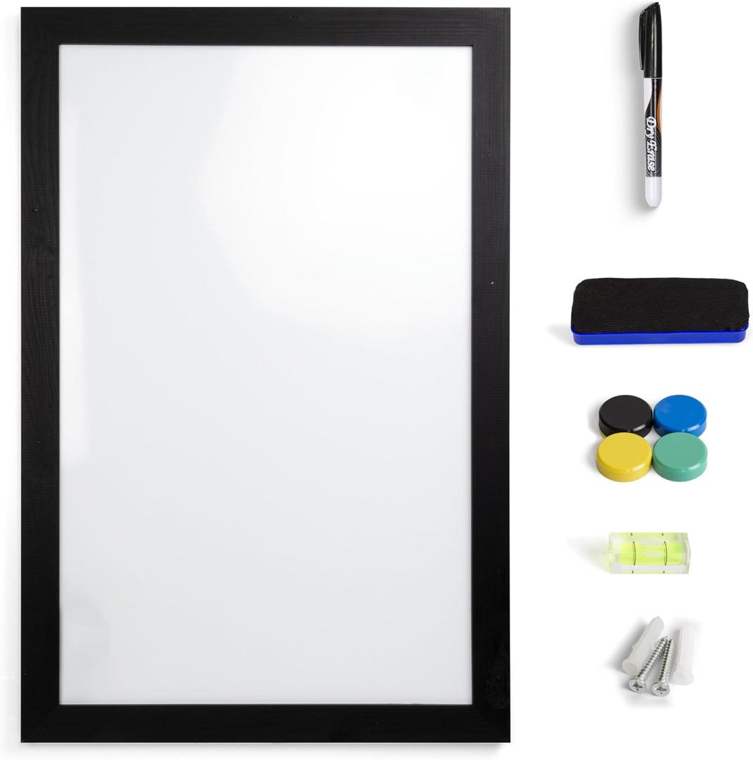 Real Wooden Framed Magnetic Dry Erase Whiteboard, 24" X 36", Vertical/Horizontal Wall Mount, Includes Black Marker, Eraser and 4 Magnets, by Better Office Products (Solid Black)