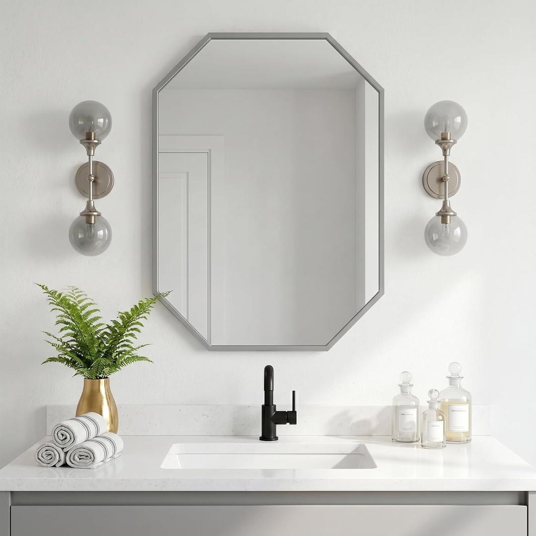 20"x28" Octagon Metal Mirror, Farmhouse Silver Bathroom Mirror, Rectangle Wall Mounted Vanity Mirror Hanging for Bedroom Entryway Living Room Farmhouse Horizontal/Vertical