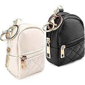 2Pcs Mini Backpack Keychain for Women, Mini Purse Keychain Bag with Zipper, PU Leather Keychain Pouch for Lipstick, Coin, Cable(Black&Beige)