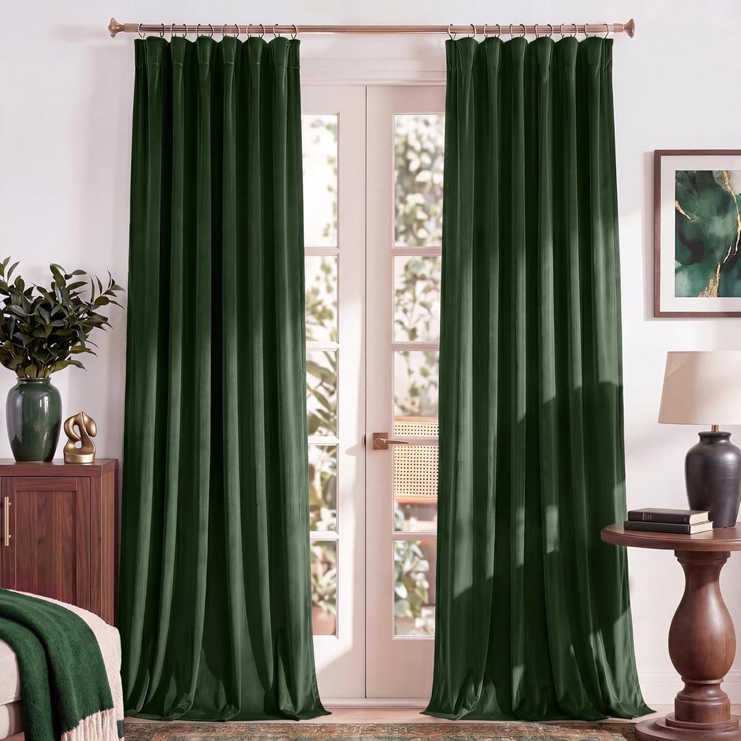 RYB HOME Olive Green Velvet Blackout Curtains, Fresh Modern Luxury Decor Thermal Insulated Privacy Protect Noise Reducing Drapes with Hook Belt for Nursery Office, 52" W x 84" L, 2 Panels Set