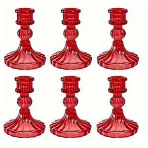 Glass Candlestick Holder,Striped Taper Candle Holders,Set of 6 Candle Stand for Table Centerpieces, Home Decor,Weddings,Festival and Parties (Red Stripe Pattern)