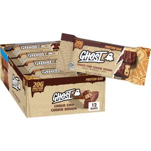 Ghost Choco Chip Cookie Dough Protein Bar, 20g Protein, 12 ct, 27.6 oz | 2g Sugar, 250 Calories per Dual-Bar Pack, Caramel & Crisp Cookie Layers, Chocolatey Coating, Gym Bag Ready (EXP 09/25/26)