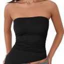 Tankaneo Womens Going Out Tube Top Asymmetrical Strapless Tops Ruched Bandeau Shirts Trendy Y2k Outfits (Medium, Black)