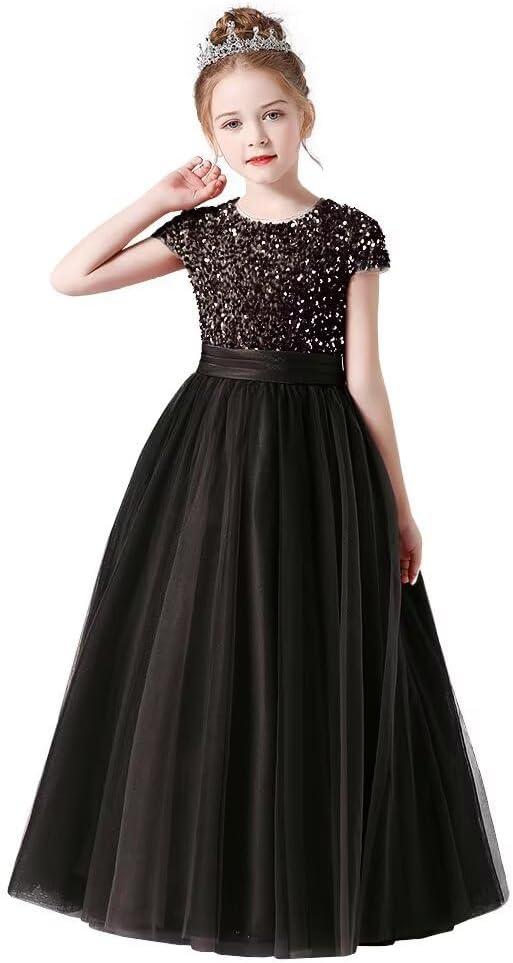 Flower Girl Dresses Wedding Bridesmaid Sequins Tulle Puffy Skirt Girls Birthday Party Pageant Gown Floor Length (4, Black)
