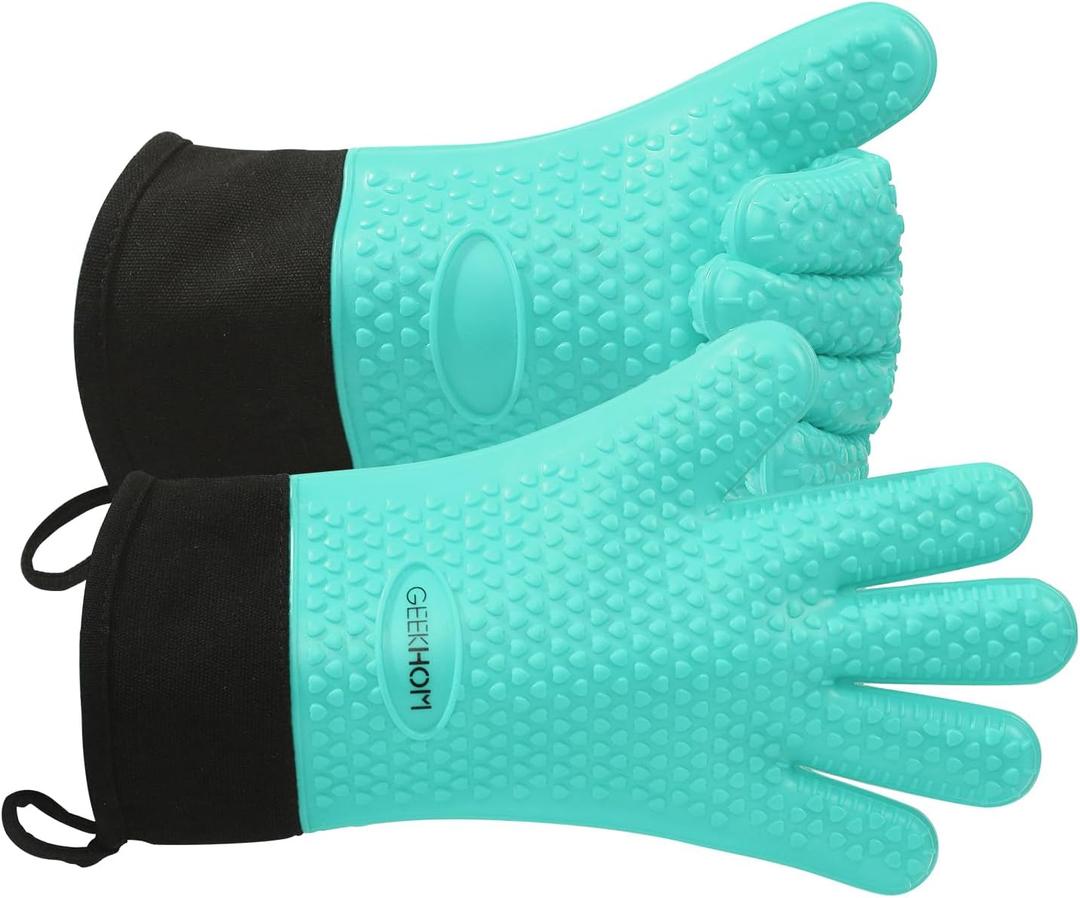 GEEKHOM BBQ Gloves Heat Resistant Oven Mitts - Silicone Grilling Gloves with 13.7" Arm Protection - Waterproof Pot Holder Non-Slip for Men & Women, Kitchen Outdoor Cooking, Baking, Camping, Turquoise (One Size Fits Most)