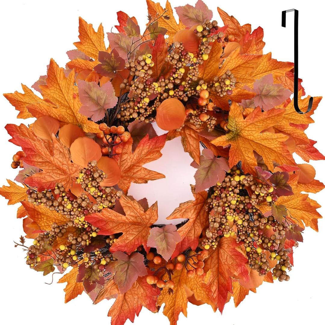 20 lnch Artificial Fall Wreath for Front Door Autumn Wreath with Bright Maple Leaf,Berry Branches,Mixed Leaves for Farmhouse Indoor Outdoor Window Wall Door Decor 20 lnch Artificial Fall Wreath for Front Door Autumn Wreath with Bright Maple Leaf,Berry Branches,Mixed Leaves for Farmhouse Indoor Outdoor Window Wall Door Decor