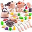 56Pcs Mini Play Kitchen Accessories for Kids, Pretend Cooking Playset with Cookware, Tableware & 2 Fruit Sets, Learning Gift for Girls, Boys, Toddlers, Pink
