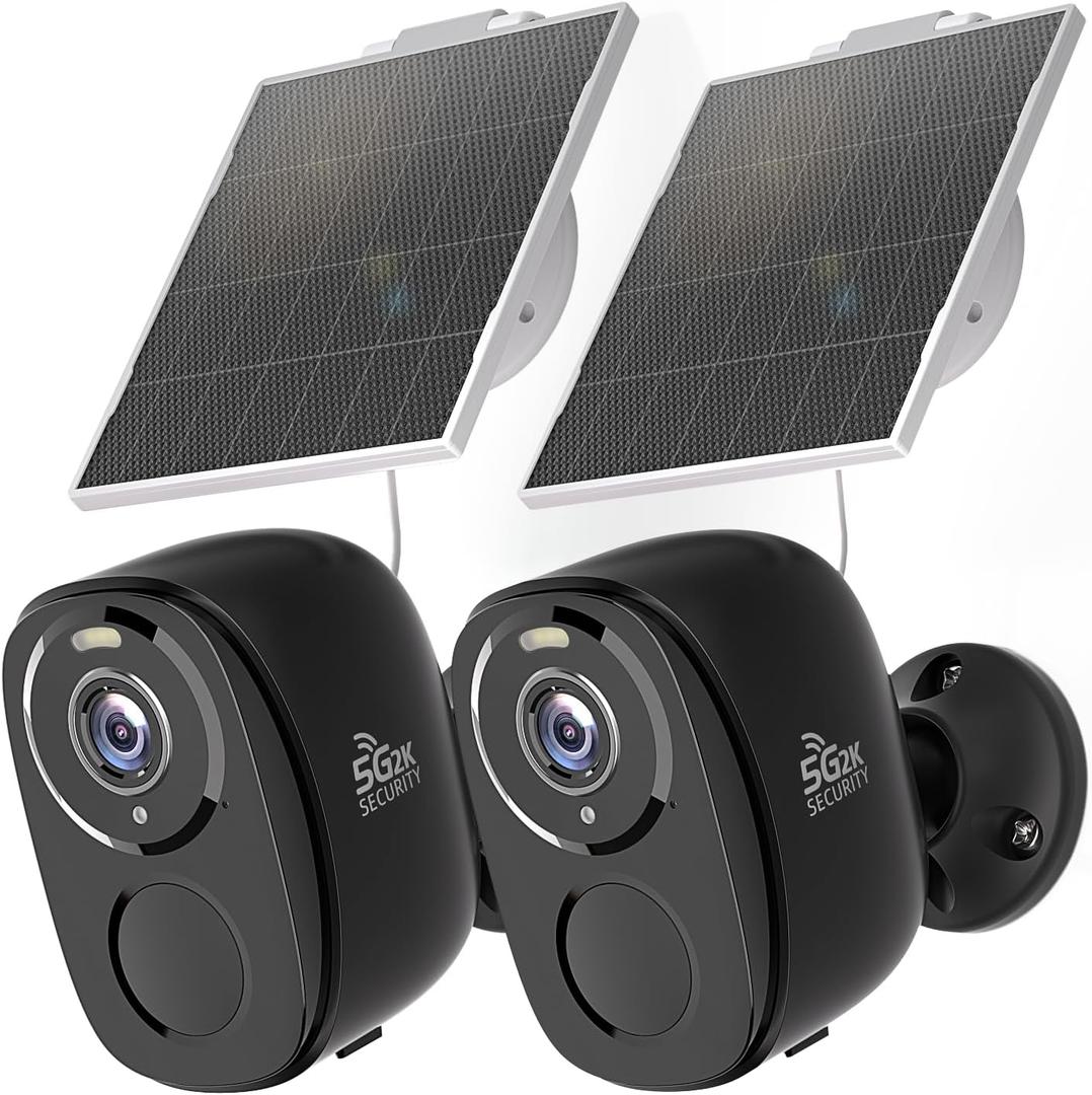 Rraycom 2Pack 5G Solar Security Cameras Wireless Outdoor, 2K Battery Camera w/Solar Panel, Siren Alarm, Color Night Vision, 2-Way Talk, Waterproof, Works/Alexa, WiFi Camera for Outdoor Surveillance