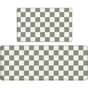 Bulijojo Buffalo Plaid Anti Fatigue Kitchen Floor Mats Set of 2 Waterproof Kitchen Sink Runner Rug Standing Mat Cushioned Kitchen Rugs Comfort Doormat 17"x47"+17"x30" Sage Green