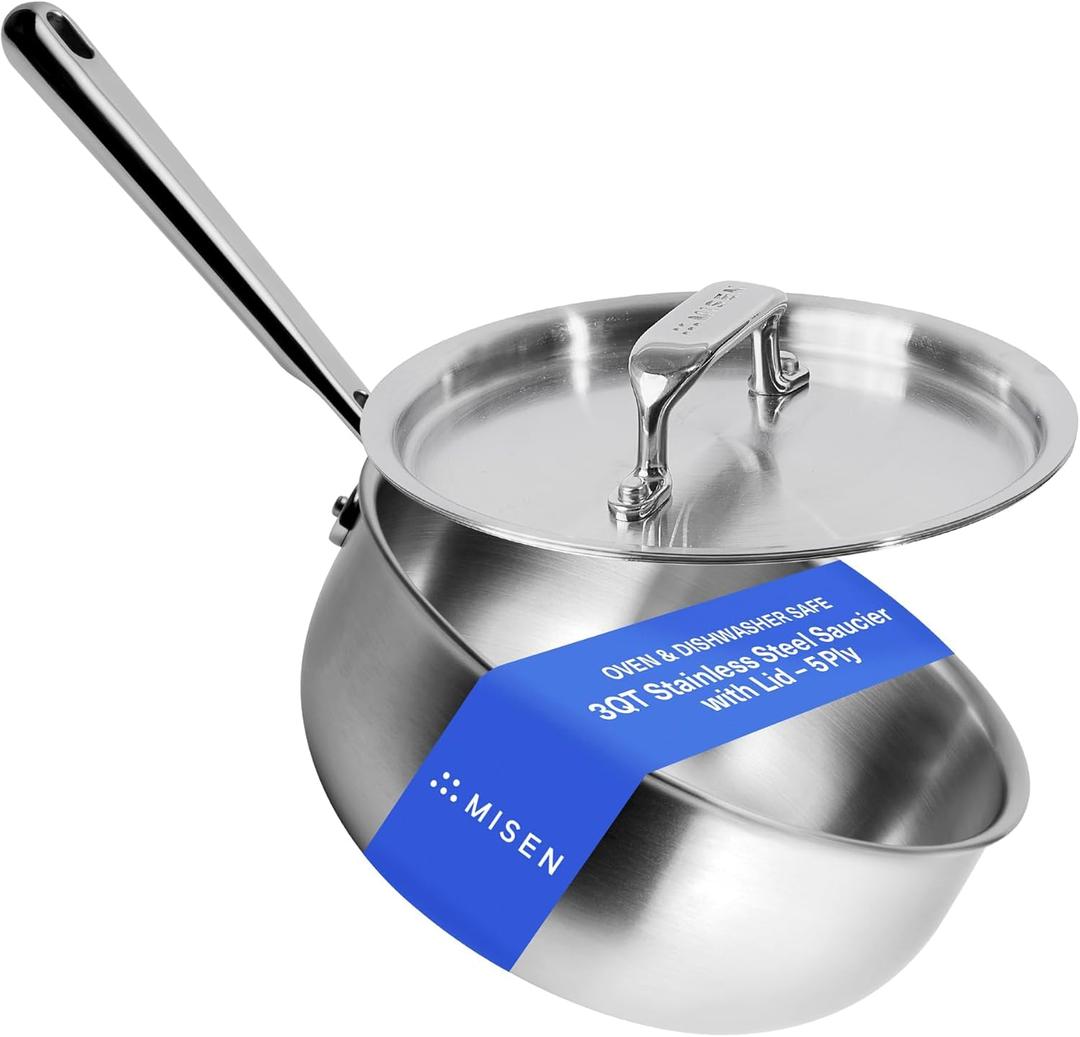Misen 5-Ply Stainless Steel Saucier with Lid Induction-Compatible Pan with Curved Sides for Smooth Stirring - Oven Safe to 800F  Even Heat Distribution & Ergonomic Handle - 3 QT
