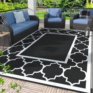 GENIMO 5' x 8' Outdoor Rug Waterproof for Patio Decor, Foldable Reversible Plastic Straw Area Rugs Mat for Camper, Outside Carpet for Rv, Deck, Porch, Picnic, Beach, Balcony, Black & White
