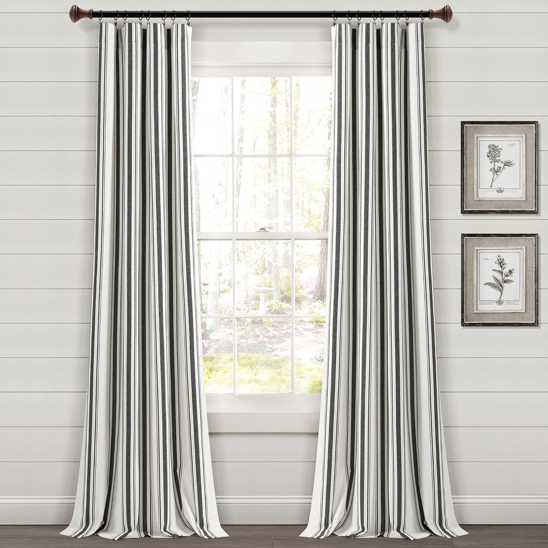 Lush Decor Farmhouse Stripe Yarn Dyed Eco-Friendly Recycled Cotton Window Curtain Panel Pair, 42" W x 95" L, Black - Classic Modern Rustic Charm - Eco Friendly Cotton Fabric
