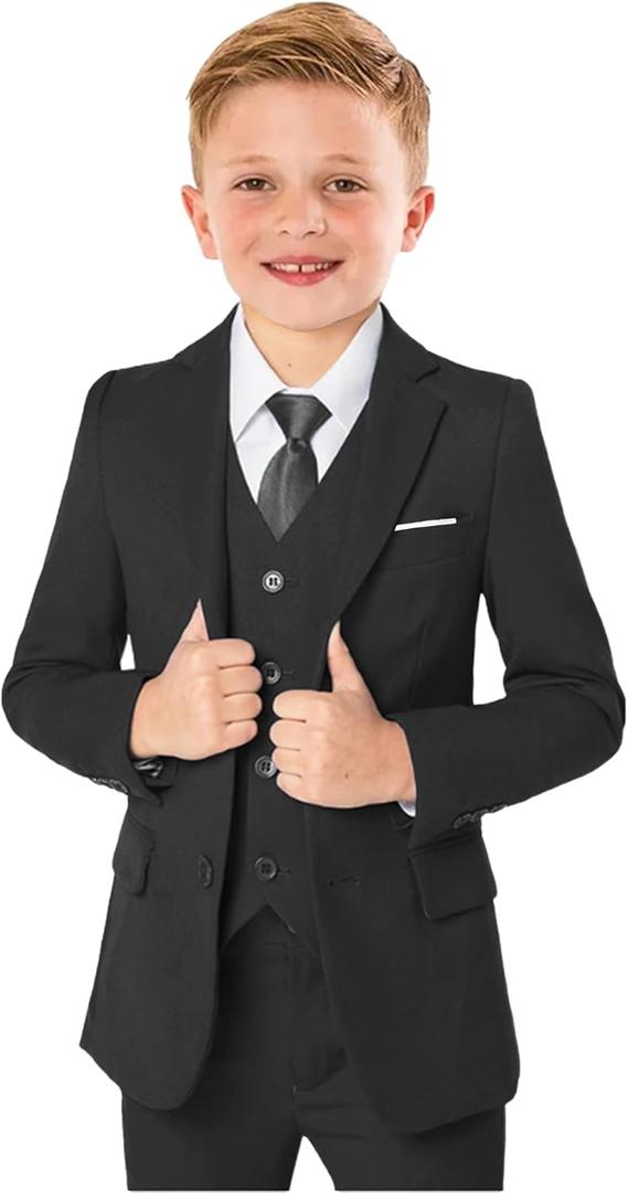 Boys Formal Suit 5 Piece Set, Toddler Tuxedos for Wedding, Suits for Teens Boy Dress School Clothes (8, Black)