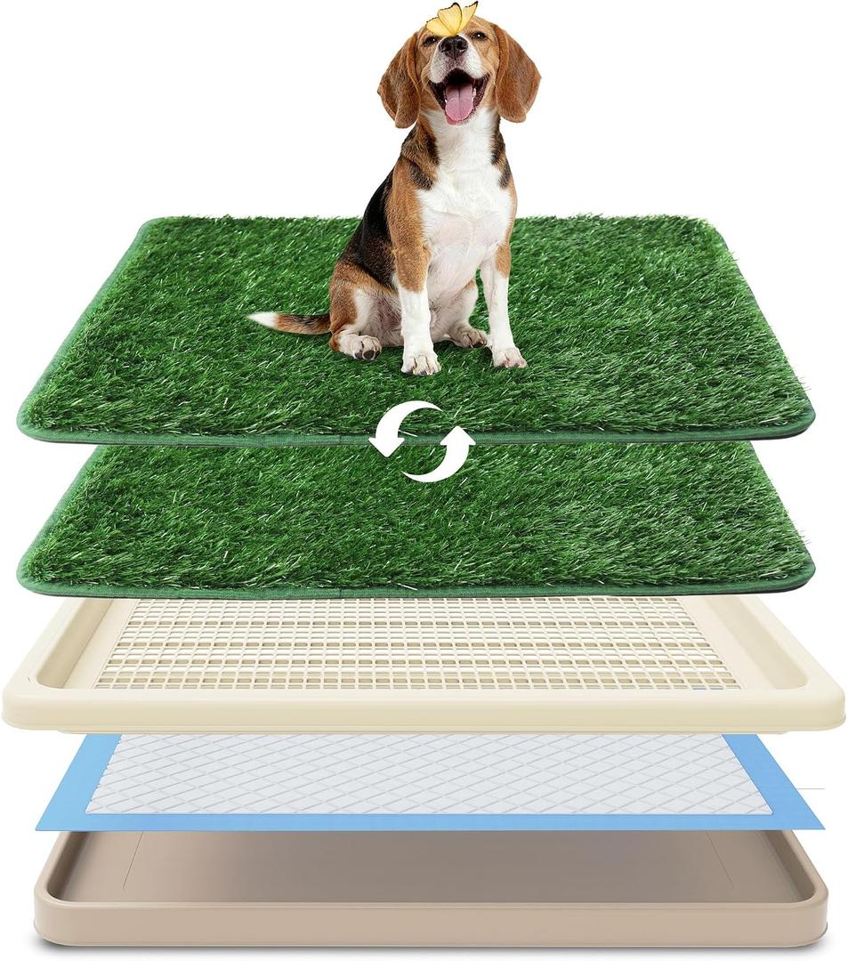 Dog Grass Pad with Tray, Utral Fast Drainage, 2 Washable Grass Pads
23.2 x 23.2 In Tray, Reinforced Hemmed Turf, Smooth Paw Grid Indoor Dog Potty For Apartments Balconies Rainy Days