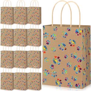 Blulu 20 Pcs Puppy Dog Paw Gift Bags with Paper Twist Handles, Dog Gift Paper Paw Treat Goodie Bags for PET Treat Party Favor, 6.3 x 3.1 x 8.6 Inch(Kraft Backing, Dazzling Paws)