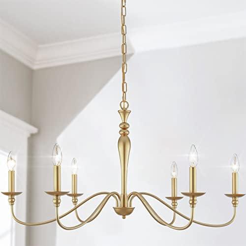 PAPAYA Farmhouse Chandelier 6-Light Gold Industrial Classic Candle Ceiling Rustic Pendant Lights Fixture for Dining Living Room Bedroom Kitchen Island Hanging Lighting