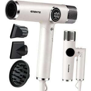 White Blow Dryer with Diffuser, Professional High-Speed Ionic Hair Dryer with Digital Temperature Display, Magnetic Diffuser & Concentrator, Lightweight & Low Noise for Home and Travel