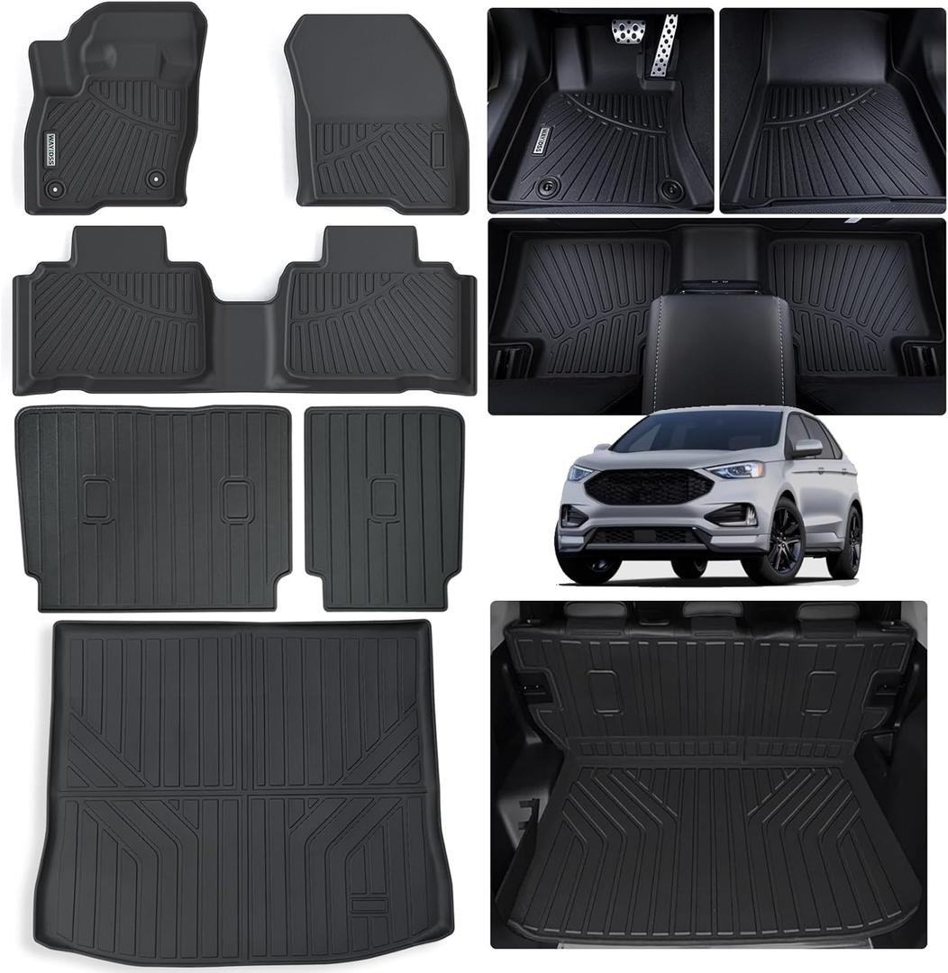 Floor Mats & Trunk Mat & Backrest Mat for 2015-2024 2025 Ford Edge 5 Seats,TPE All Weather Protection Car Floor Liners with Cargo Liners Covering The Backrest