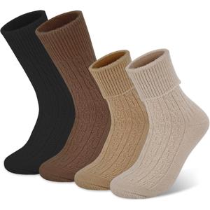 5 Pairs Merino Wool Socks for Women, Winter Warm Socks, Vintage Thermal Sock Soft Classic Sock for Ladies Gift (B-black+dark Coffee+light Coffee+khaki)