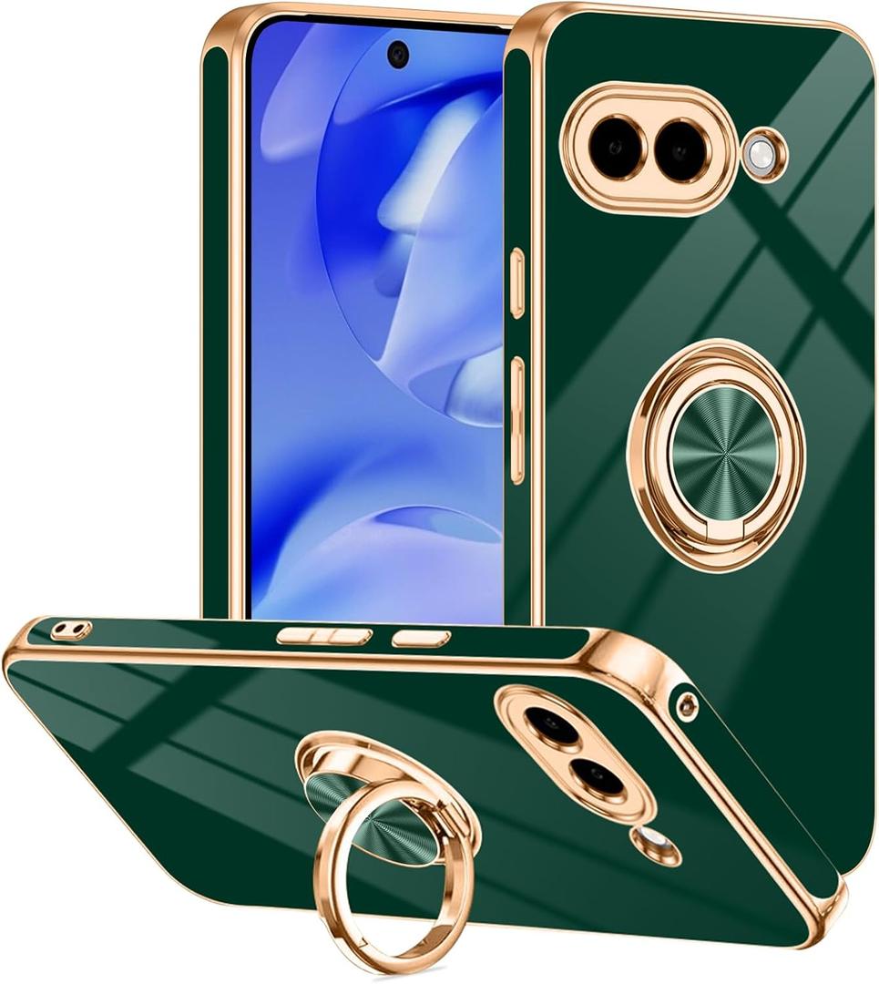 Tnarru Designed for Google Pixel 9a Case with Ring Stand, Support Magnetic Car Mount Rotating Finger Holder Soft TPU Cover Plating Edge Slim Phone Case for Pixel 9A Green