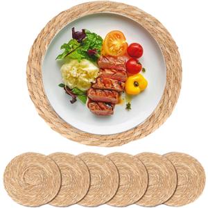 Round Woven Placemats Set of 6-13 Inch Natural Water Hyacinth Place Mats for Dining Table, Boho Farmhouse Kitchen Table Decor, Rustic Braided Table Mats for Daily Use & Holiday Table Setting