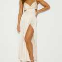 Women's Satin Cowl Neck Backless Maxi Dress Sexy Tie Back Spaghetti Strap Ruched Wedding Guest Slit Long Dresses (M)