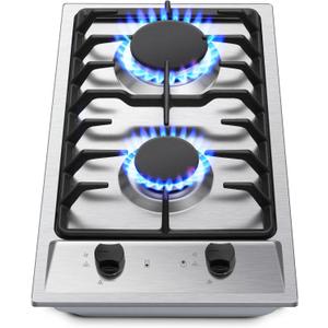 2-Burner Gas Cooktop with Thermocouple Protection - NG/LPG Convertible 12" Stainless Steel Built-in Gas Stove Top for RV, Kitchen & Camping